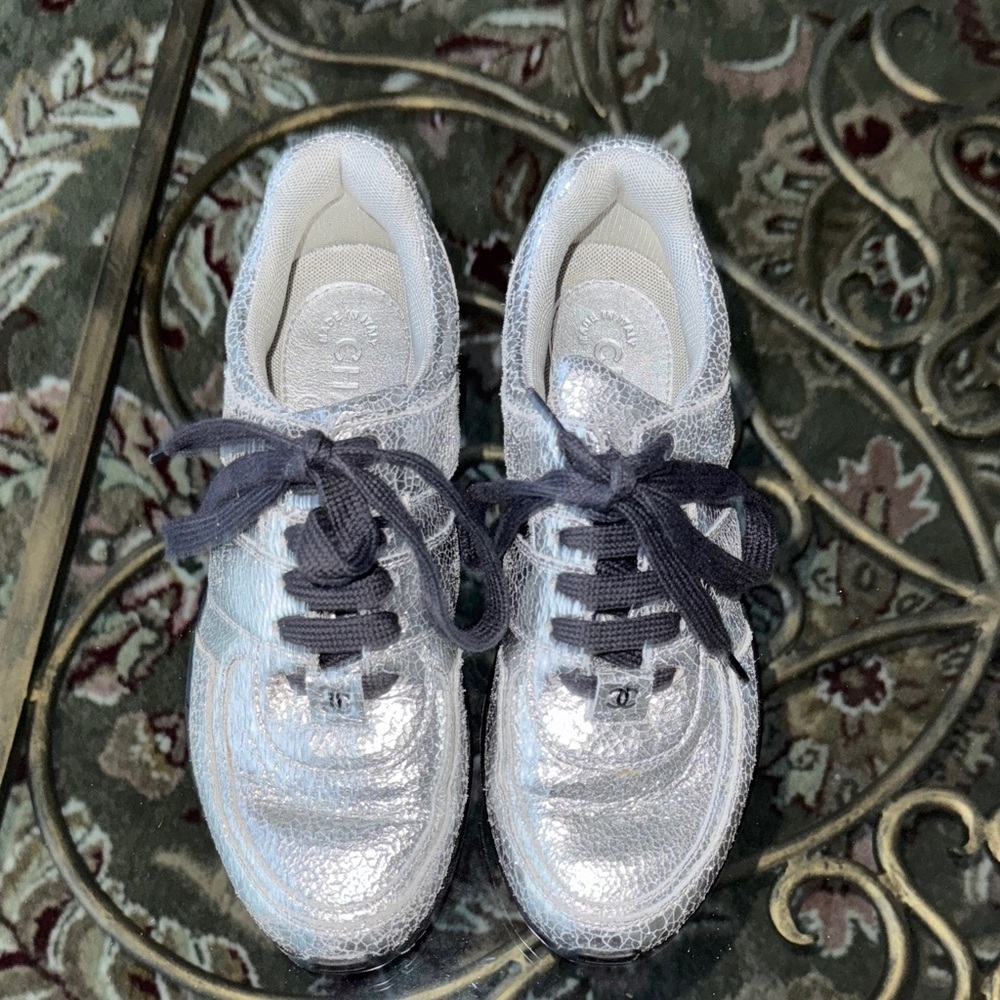 CHANEL 100% Authentic Silver Textured Sneakers with Dark Accents​​